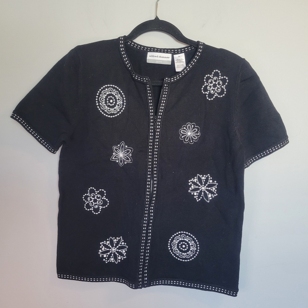 VTG Alfred Dunner Black Embroidered Zip Front Short Sleeve Cardigan Petite S